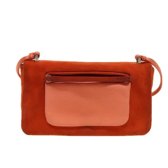 PRADA Shoulder Bag Suede Orange Silver Auth
